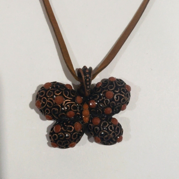 Brown Cord Filigree Butterfly Design Pendant Necklace - Women's Fashion Jewelry - Picture 3 of 8